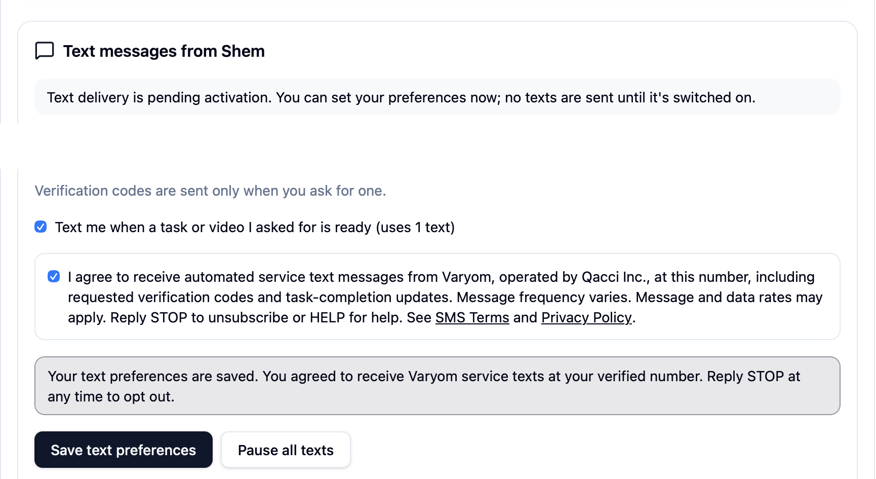 The Text messages from Shem panel in Varyom after saving, showing the confirmation message that text preferences are saved
