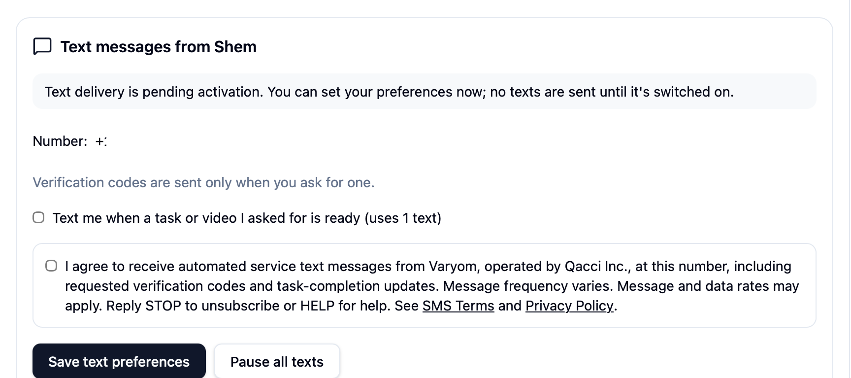 The Text messages from Shem form in Varyom before enrollment, with the SMS consent checkbox unchecked