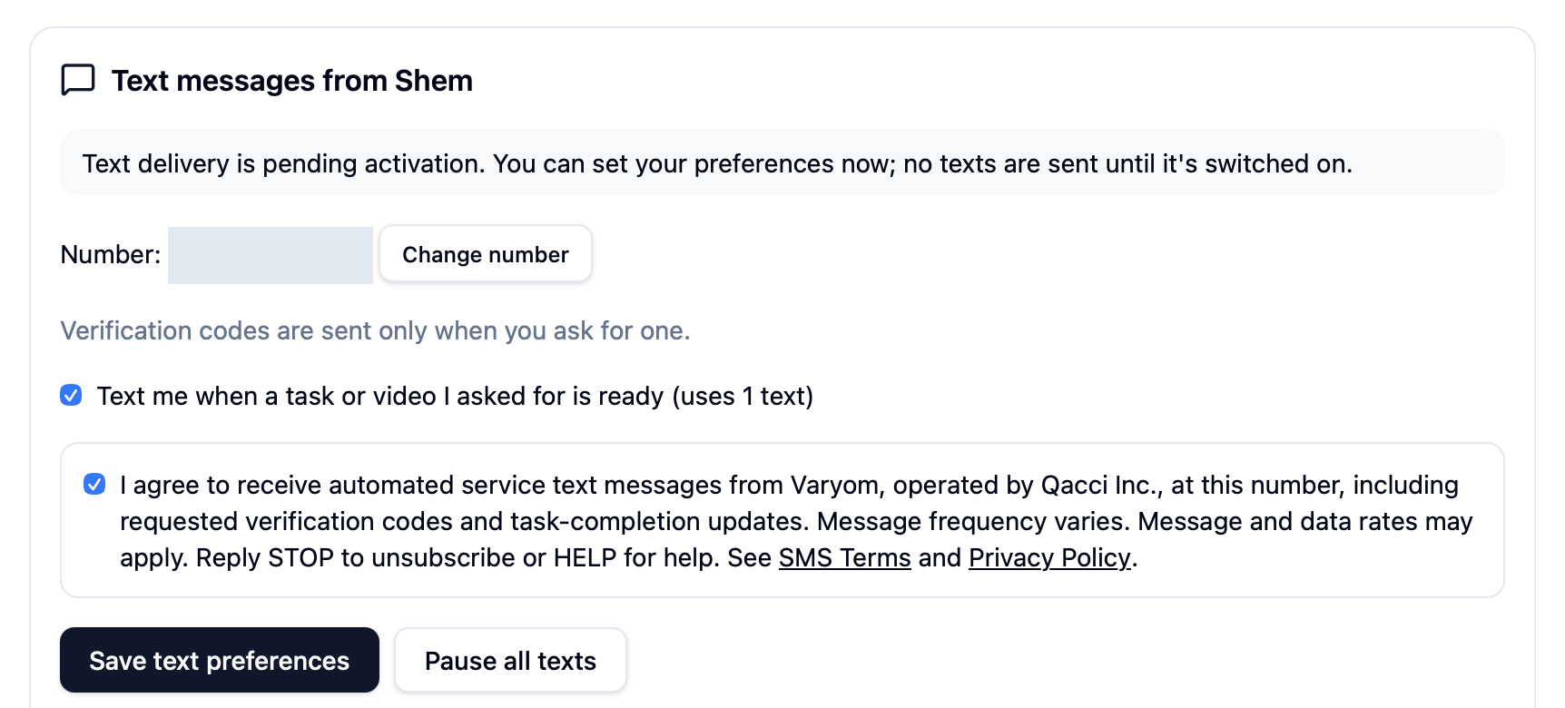 The Text messages from Shem form in Varyom, showing the SMS consent checkbox and wording